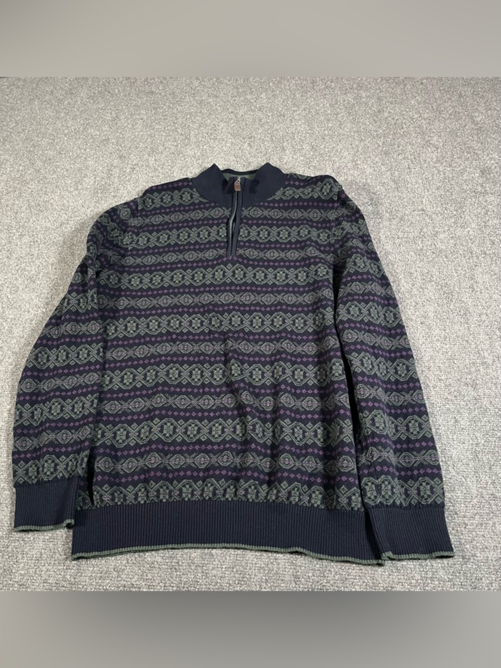 Geometric Sweater Men’s Large Green Purple Aztec Preppy 1/4 Zip Pullover Dadcore